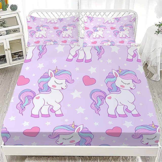 Pegasus 3D Einhorn Spannbettlaken Set mit Kissenbezügen aus Mikrofaser in Lila für Kinder, B/T: 90 x 200 cm, Höhe: 25 cm - Bild 1