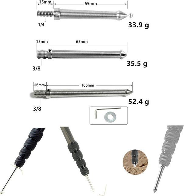 Ynniwa Stativfuß Ersatzteil aus Edelstahl mit 3/8 Zoll und 1/4 Zoll Schraube sowie 80mm langen Spikes in Silber - Bild 1
