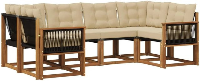 vidaXL Outdoor-Sofagarnitur L-Form aus Akazienholz mit 6 Textilene-Kissen in Natur und Beige - Bild 1