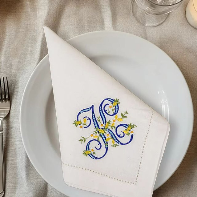 Sanat Leinen-Serviette mit Zitronen-Stickerei und Monogramm in Weiß, B/B: 42 x 42 cm - Bild 1