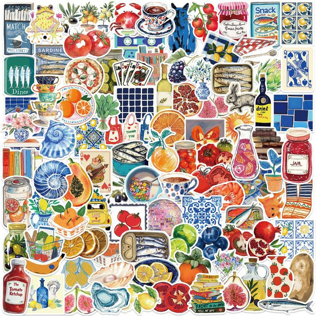 100 Stück wasserfeste Cartoon-Aufkleber im mediterranen Graffiti-Stil von AnimeWorlds Store, bunt, ideal als DIY-Dekoration für Notebooks, Gitarren und Gepäck - Bild 1