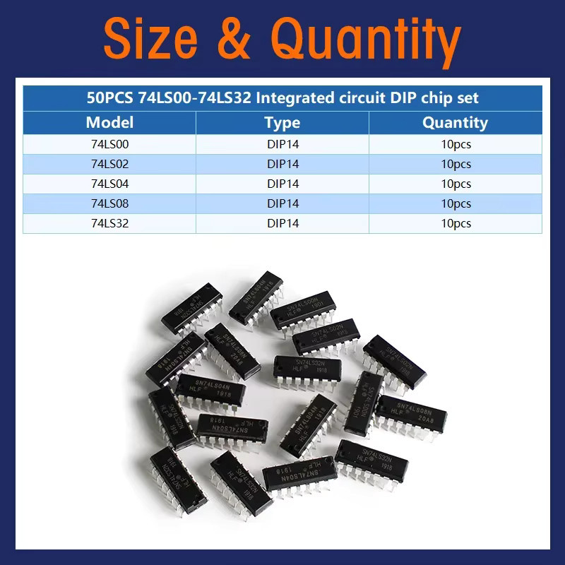 YTDMEN IC-Chip-Sortiment-Kit mit integrierten Logikschaltungen 74LS00 74LS02 74LS04 74LS08 74LS32 im DIP-14 Gehäuse, Schwarz, 50 Stück - Bild 2