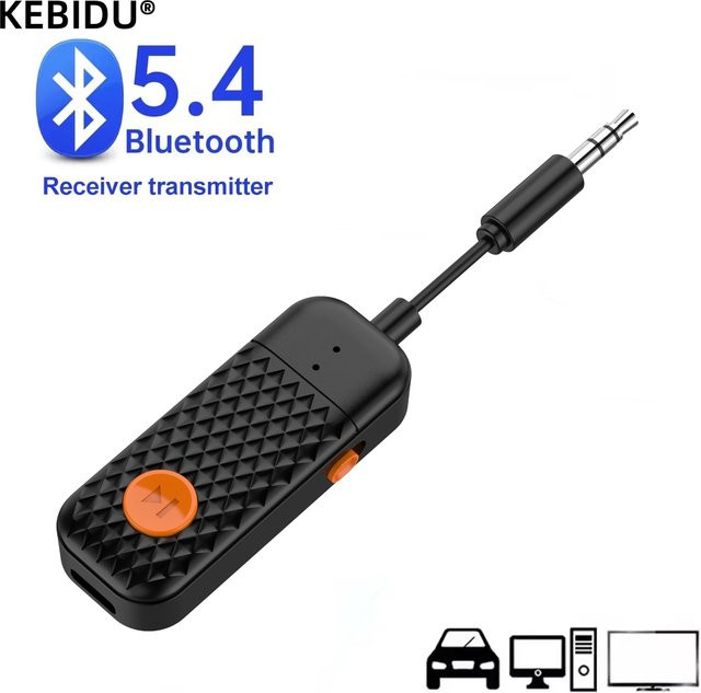 Kebidu Bluetooth 5.4 Audio Sender und Empfänger in Schwarz mit 3,5 mm AUX Anschluss und Mikrofon für Auto, Flugzeug, TV und PC - Bild 1