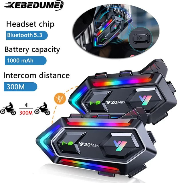kebidumei Y20 MAX Motorrad Helm Intercom V5.3 mit Hands-Free Anruf-Kit und Musikplayer, Schwarz, 1000 mAh Akku für 2 Fahrer - Bild 1