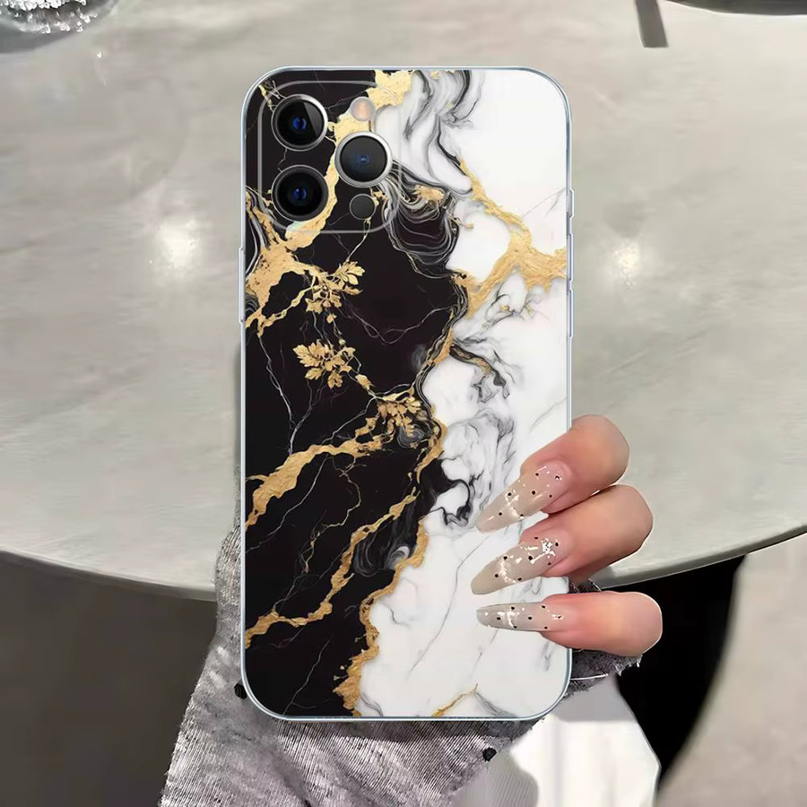 Stoßfeste Silikon Hülle im Marmor Design in Schwarz-Gold für dein Apple iPhone 11 bis 16 Pro Max mit transparenter Rückseite - Bild 2