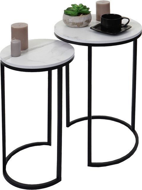 2er-Set Beistelltische MCW K46 in Marmor-Optik aus MDF und Paulowniaholz, Weiß-Schwarz, modern - Bild 3