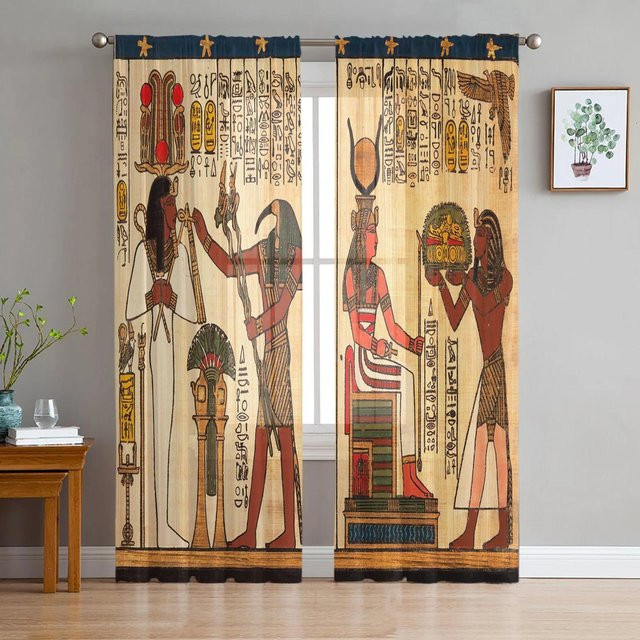 Yiran Furniture Transparentes Tüll-Voile-Organza-Fenstervorhang mit ägyptischem Pharaonen-Design, Farbe: Beige, B: 135 cm, H: 115 cm - Bild 1
