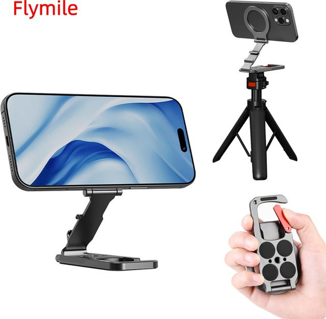 Flymile Magnetischer Handyhalter mit Karabinerhalterung in Schwarz, kompatibel mit MagSafe für iPhone 17, 16, 15, 14 als Zubehör mit Griff und Stativadapter - Bild 1