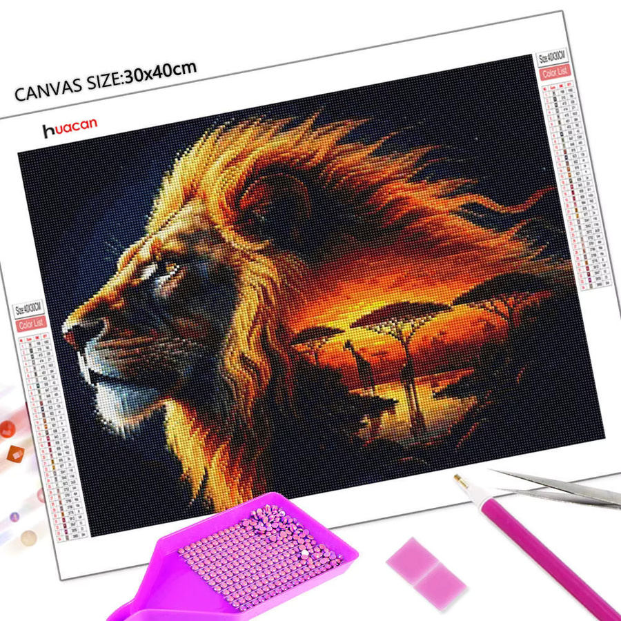 Huacan 5D-Diamantgemälde mit Löwe und Giraffe, DIY Diamant-Mosaik Set in Multicolour, rund, Durchmesser: 30 cm - Bild 2