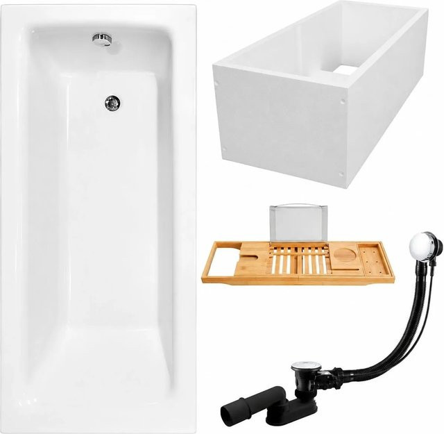 KOLMAN Badewanne Rechteck aus Acryl in Weiß inklusive Wannenträger, Bambus Badewannenablage, Ablauf und Füßen B/T: 150 x 70 cm - Bild 1