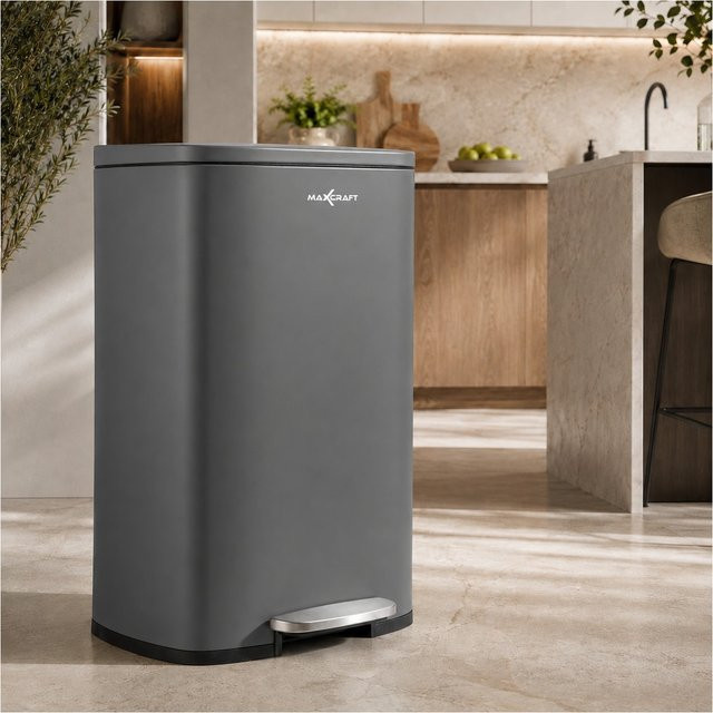 MAXCRAFT Treteimer mit Soft Close Deckel aus beschichtetem Stahl, 50 Liter, Grau - Bild 1