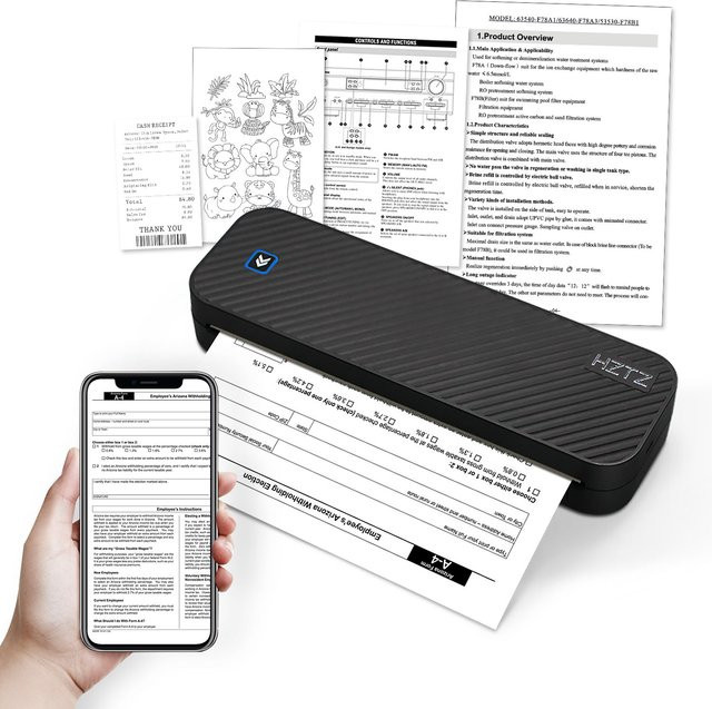HZTZ Tragbarer A4 Thermodrucker Schwarz mit Bluetooth für PDF, Excel und Word Dokumente - Bild 1