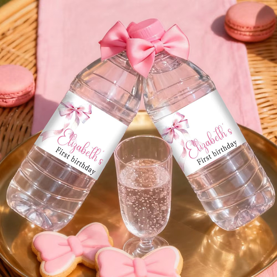 Personalisierte Wasserflaschenetiketten mit rosa Schleifen Motiv für Kindergeburtstage von joy-enlife, Farbe: Pink - Bild 2