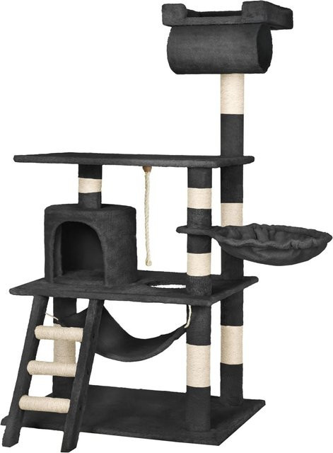 tectake Kratzbaum Stokeley Schwarz mit Katzenhaus und Spielzeug, H x B x T: 141 x 86 x 49 cm - Bild 2