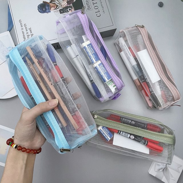 Transparente Doppelschicht Schreibwarentasche mit Mesh-Fächern in Lila für Schüler und Studenten - Bild 1