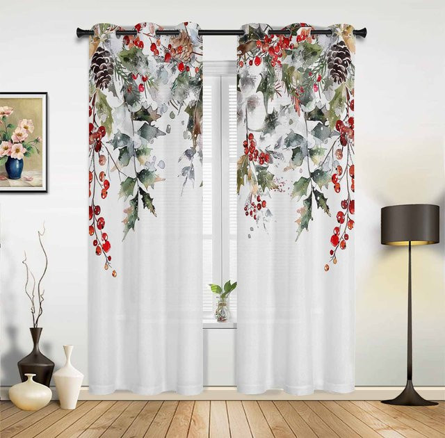 Dekorative Vorhänge mit Weihnachtskugel- und Poinsettia-Print für Wohnzimmer, Schlafzimmer oder Küche, Mehrfarbig, B: 135 cm, H: 60 cm - Bild 1