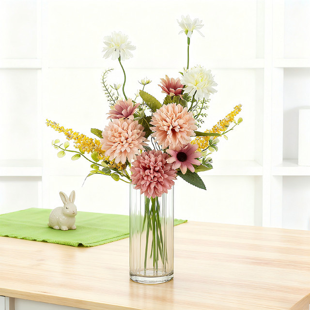 TTCY Seiden-Kunstblumen Knollige Chrysanthemen und Blasengras in Multicolour für Hochzeitsdeko und Heimdekoration - Bild 1