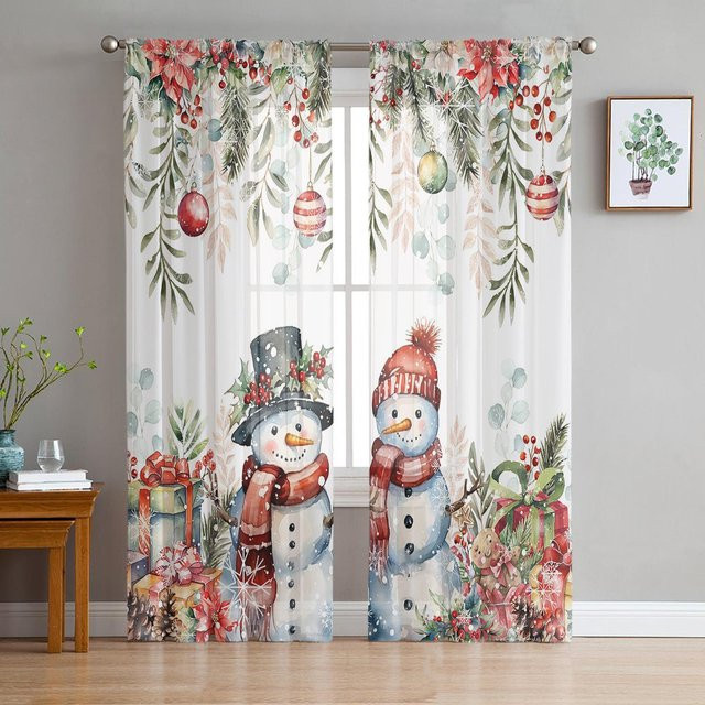 Yiran Furniture Transparentes Voile Organza Fenstervorhang mit Weihnachtsbaum-Motiv, Blätter, Kugeln und Schneeflocken, Farbe: Grün Rot Multicolour, Breite: 135 cm, Höhe: 115 cm - Bild 1