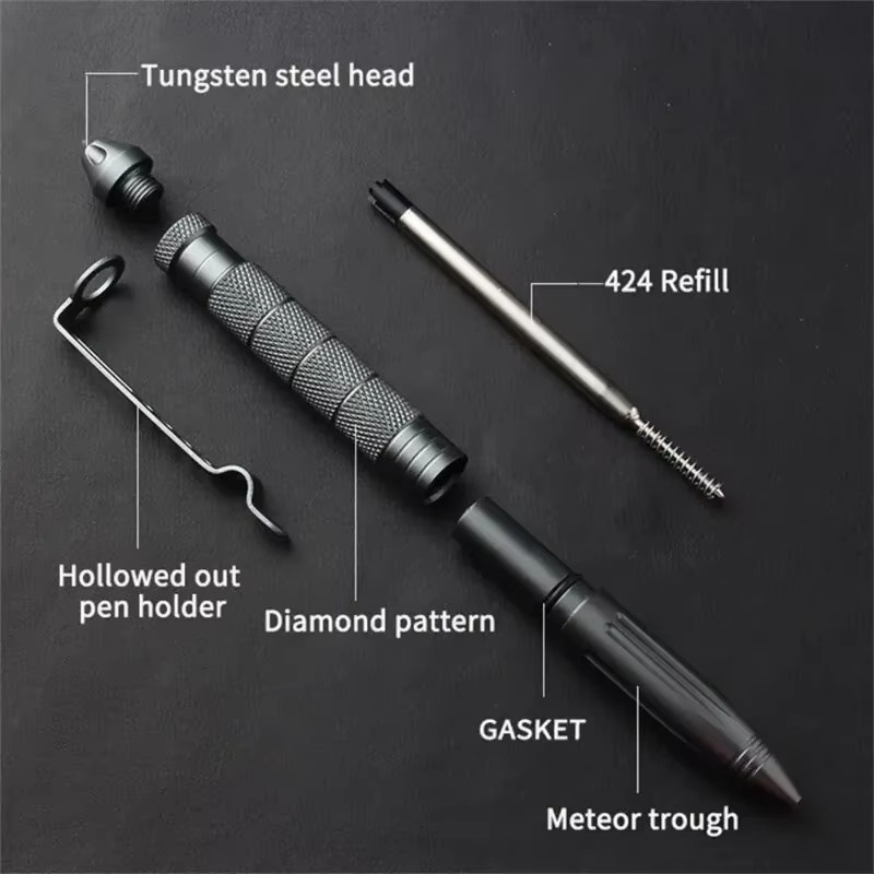 Multifunktionaler taktischer Stift aus Edelstahl und Aluminium in Silber mit Glasbrecher und Überlebenswerkzeug - Bild 2