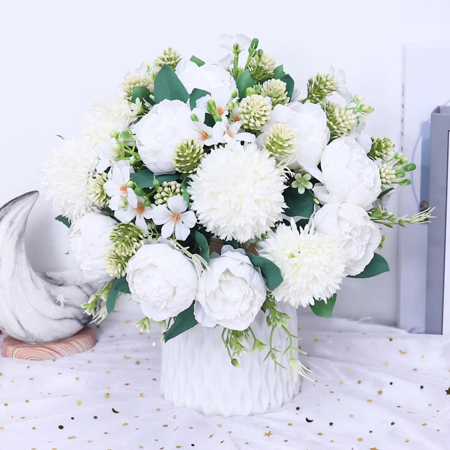 2er-Set Künstliche Pfingstrosen und Chrysanthemen von Kahaul in Pink und Weiß zur Dekoration für Hochzeit, Garten und Wohnzimmer - Bild 1