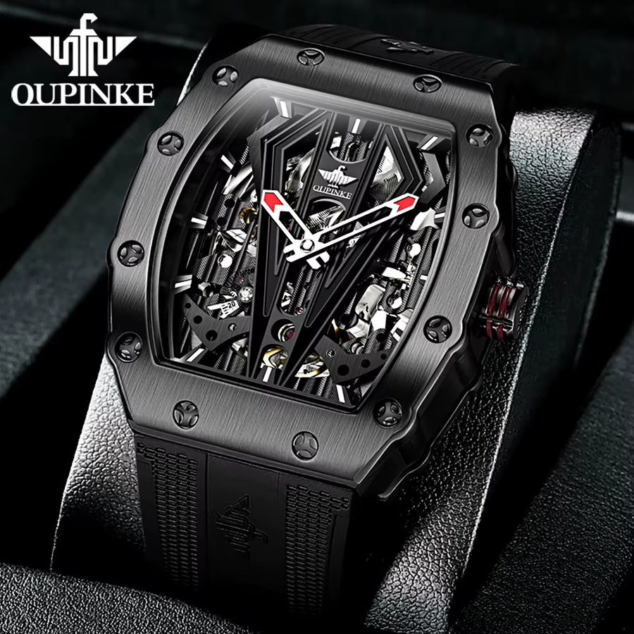 OUPINKE Armbanduhr Automatik, Tonneau, Silikonarmband, Schwarz, Herren - Bild 2