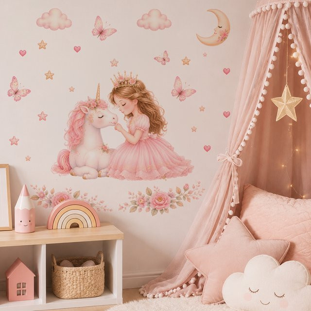 Kingsmile Wandtattoo Aquarell Prinzessin und Einhorn in Rosa für das Kinderzimmer und Mädchenzimmer - Bild 1