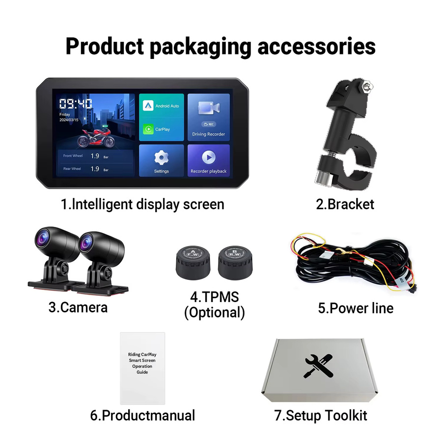 Ottocast Motorrad Smart Display Navigationssystem mit Dashcam Front- und Heckaufzeichnung, Split-Screen-Anzeige, IP67 und TPMS, Schwarz - Bild 8