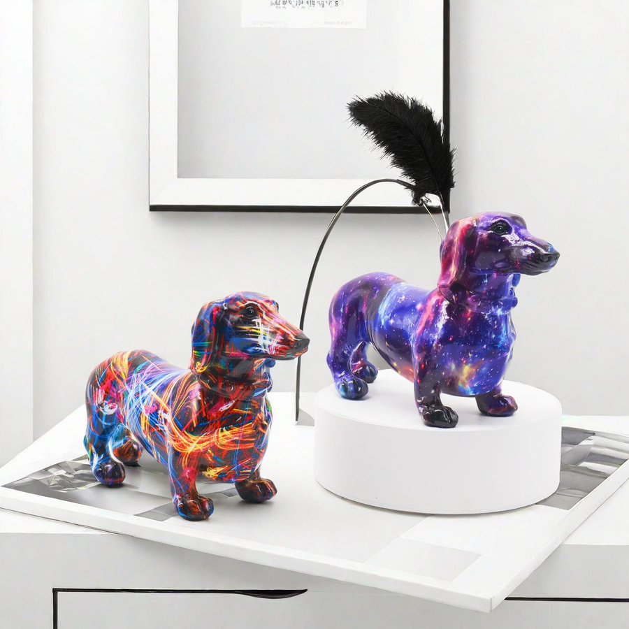 Yiran Furniture Dackelhund Ornament in Europäischer Moderner Optik, Bunte Dekoration aus Kunstharz für Schreibtisch und Weinschrank, Schwarz-Weiß-Muster - Bild 2