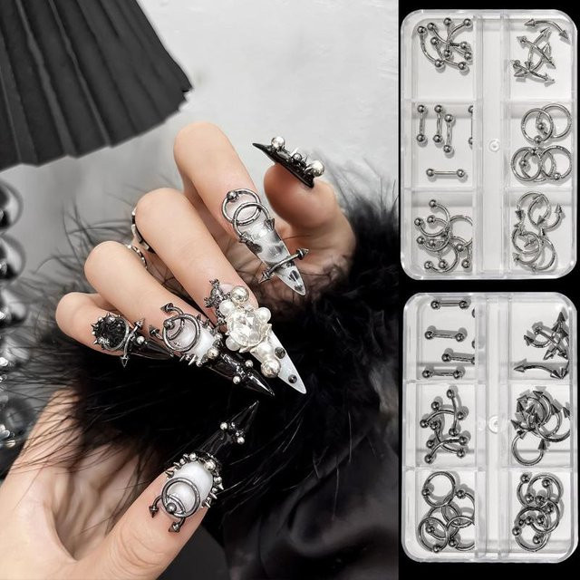 HNKMP Nageldeko Metall Nail Art Charms, 30/60 Stück, 3D Punk Stil, Schwarz Weiß - Bild 1