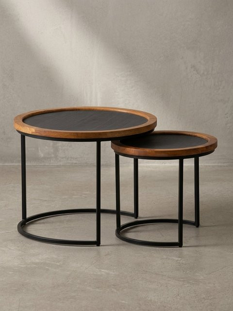 KADIMA DESIGN Couchtisch Set 2-teilig rund aus Mango Massivholz und Metall in Braun und Anthrazit mit Steinoptik - Bild 1