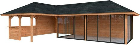 PALMAKO Pavillon Bianca Set 221 Slide aus Fichtenholz in Braun mit Alu-Schiebetüren und Eck-Tresenanlage, B/H/T: 876 x 319 x 588 cm - Bild 1
