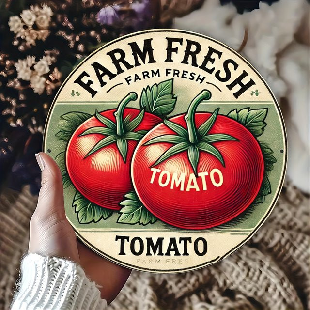Potdemiel Farm Fresh Tomate Rundes Metall-Blechschild in Vintage-Optik, Durchmesser: 20,3 cm - Bild 1