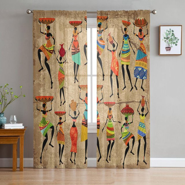 Super Six Transparente Voile-Fenstervorhänge im ethnischen Afrikanischen Stil, Schwarz, B: 135 cm, H: 183 cm - Bild 1