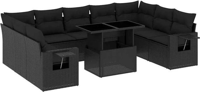 vidaXL 10-tlg. Garten-Sofagarnitur in L-Form aus schwarzem Poly-Rattan mit UV-beständigen Kissen und Metallrahmen - Bild 1