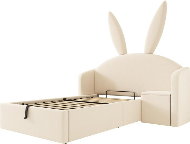 AB Store Polsterbett für Jugendliche mit Hasenohr-Kopfteil und hydraulischem Bettkasten in Beige, H x B x T: 216 x 149 x 143 cm - Bild 1