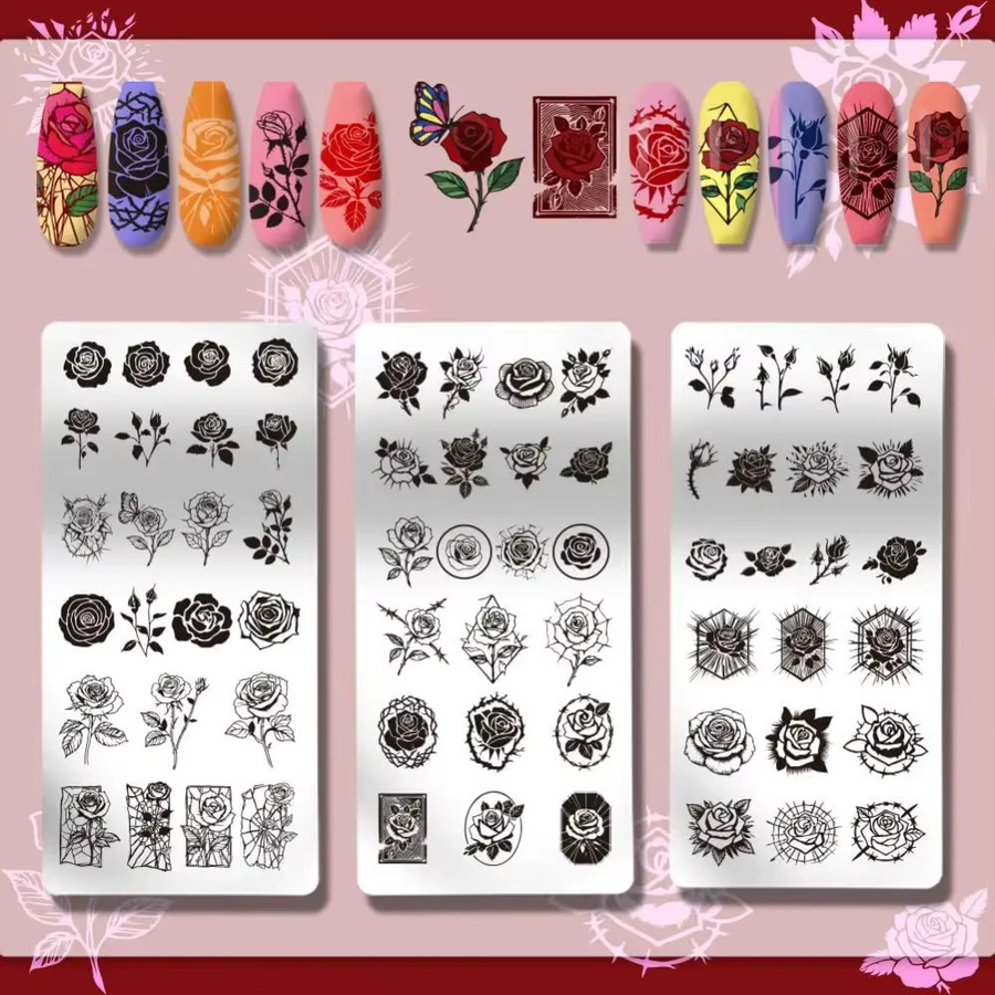3er-Set Edelstahl Nagelstempel-Platten mit Rosenblüten- und Rissmuster in Silber für Nail Art - Bild 2