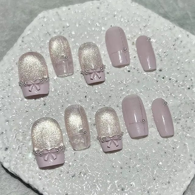 GIOIO Künstliche Nägel, Rosa Schatz-Prinzessin-Schleife, Glitzerndes Katzenauge, Perlen, Spitze - Bild 1