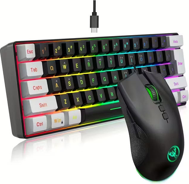 HXSJ Mini-Tastatur- und Mausset mit 61 Tasten, 60 % Layout, USB-Anschluss, zweifarbige spritgegossene Tastenkappen und farbige optische Maus mit Hintergrundbeleuchtung, Schwarz/Mehrfarbig - Bild 1