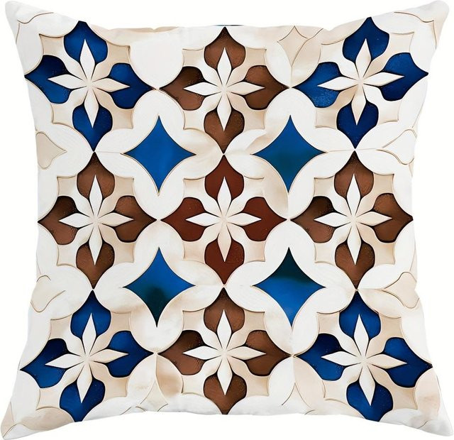 Tinika Chen Kissenbezug mit floralem und geometrischem Plüschdruck in Blau und Braun, B/H: 18 x 18 cm - Bild 1
