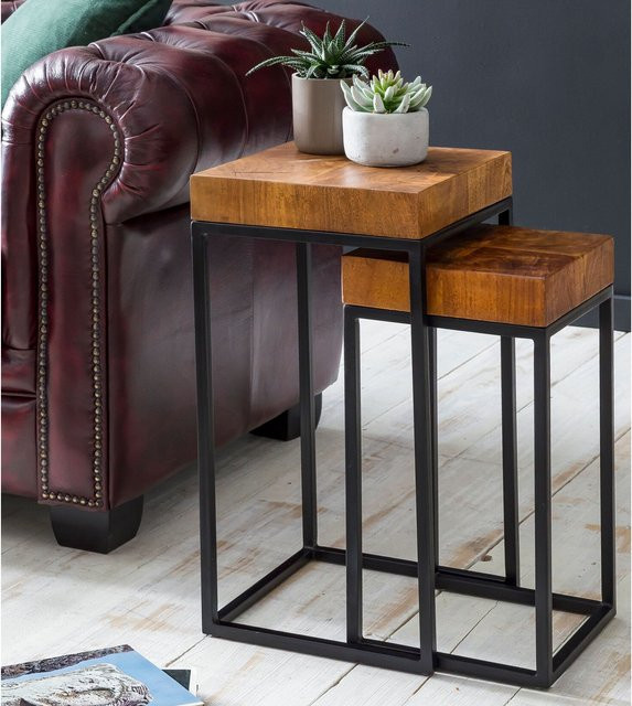 FineBuy 2er Set Beistelltische FB51457 aus Sheesham Holz und Metall in Braun im Industrial-Design - Bild 1