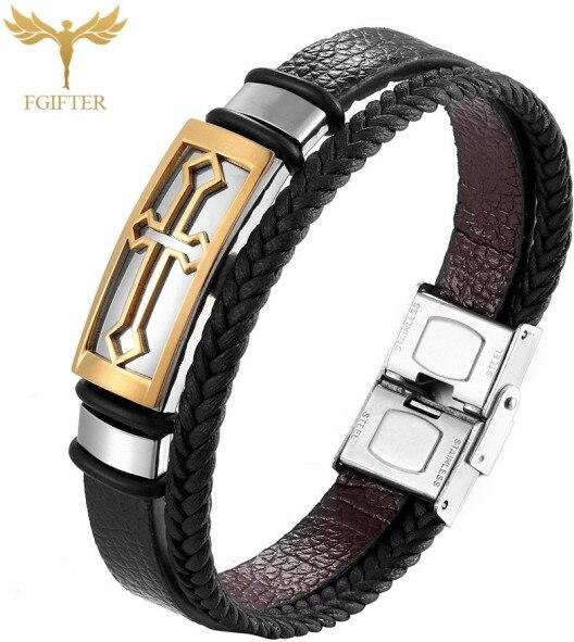 Allbestart Armband, Leder, Edelstahl, Kreuz, Schwarz, Unisex, 23 cm - Bild 1