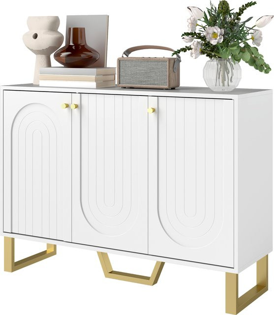 HOMCOM Buffet Wohnzimmer Aufbewahrungsmöbel im modernen Stil mit Schranktüren und verstellbarem Regal, TV-Möbel für 50-Zoll-Fernseher, Farbe: Weiß, B/T/H: 106,5 x 35 x 77,5 cm - Bild 1
