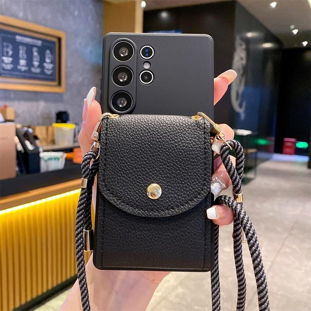 Crossbody Lanyard Leder Wallet Case für Samsung Galaxy S24 S25 Ultra S23 S22 Plus S21 S20 Note 20 A73 A72 A71 A70 A55 A54 A53 A52 A50 in Schwarz - Bild 1