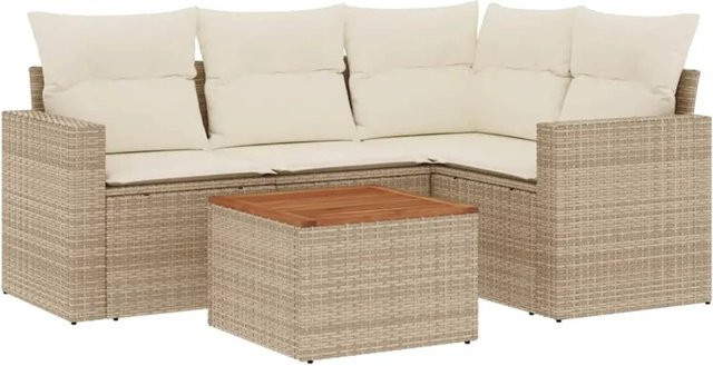 vidaXL 5-teilige Garten-Sofagarnitur aus Poly-Rattan und Akazienholz in Beige-Creme mit Kissen - Bild 1