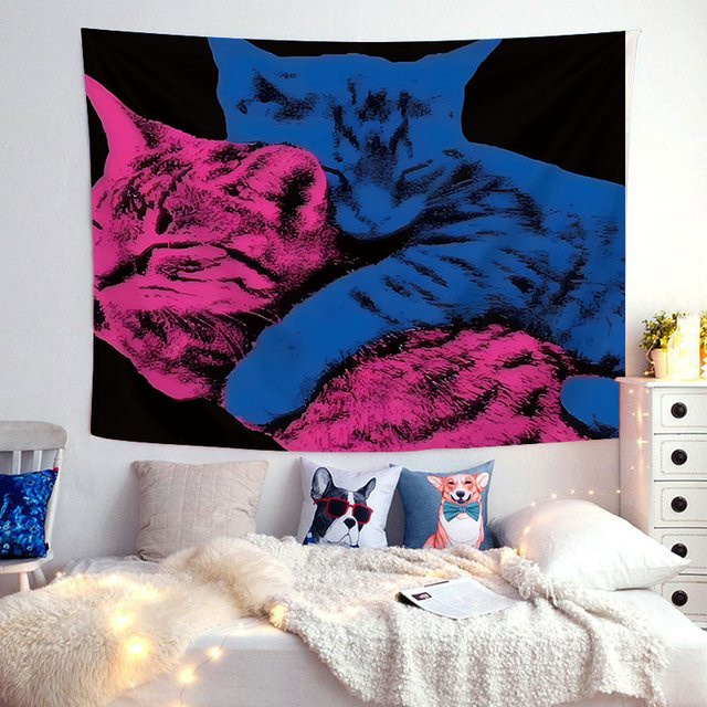 RoarGosh Wandteppich mit blauer und hellroter Katze der Liebe als dekorativer Wandbehang für Schlafzimmer und Wohnzimmer - Bild 1