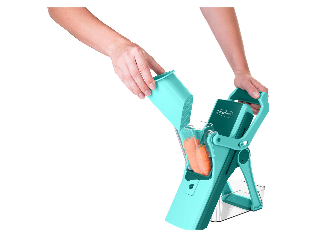 Genius Nicer Dicer Mando Gemüseschneider Mandoline in Türkis, 12-teilig mit Edelstahlklingen und Behälter - Bild 2
