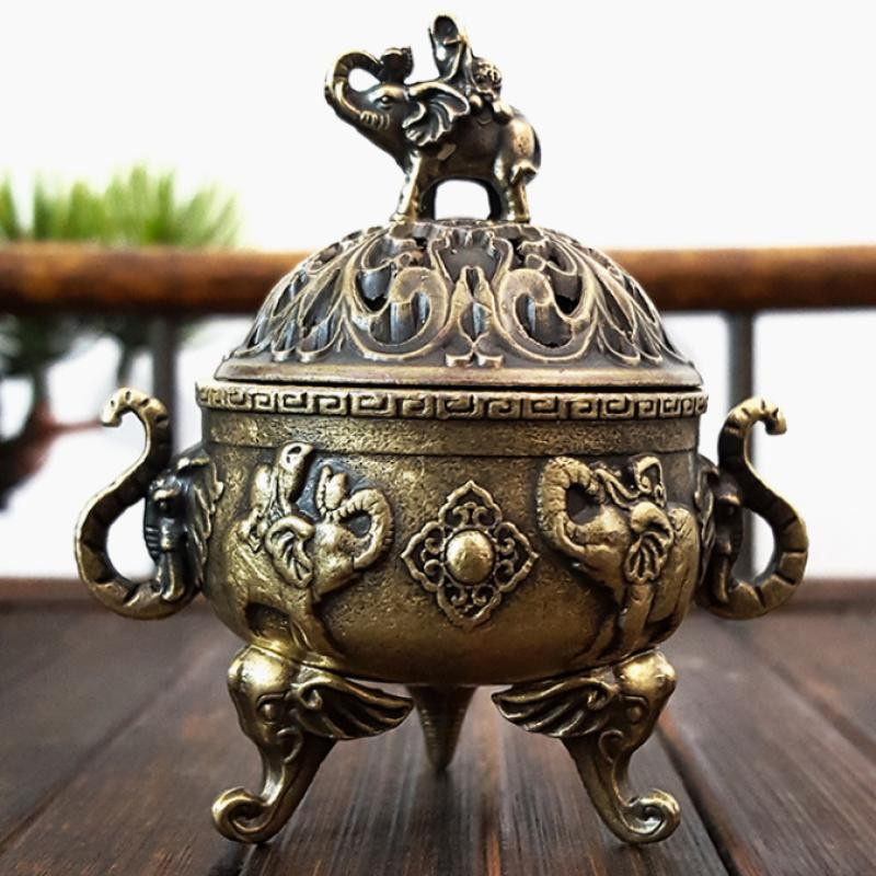 Cool Kids Elefant Glück Räuchergefäß aus Metall in Gold im Antikstil mit Lotus-Design und Griff für Yoga und Meditation - Bild 4