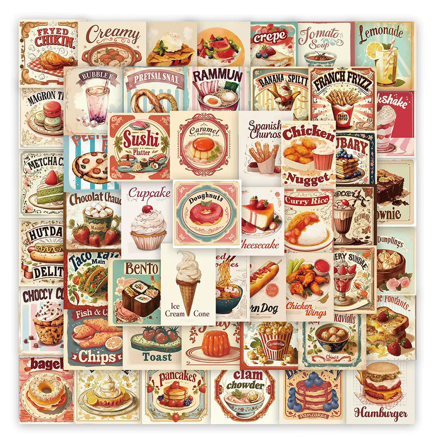 Rspctou Retro Sticker Set mit ästhetischen Essen-Motiven, wasserfeste Aufkleber für Scrapbooking, Laptop und Gepäck, Mehrfarbig - Bild 1