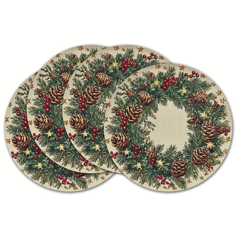 VIKAMA 4er Set Weihnachtskranz mit Tannenzweigen, Tannenzapfen, Beeren und goldenen Sternen als Tischdekoration für Weihnachten - Bild 2