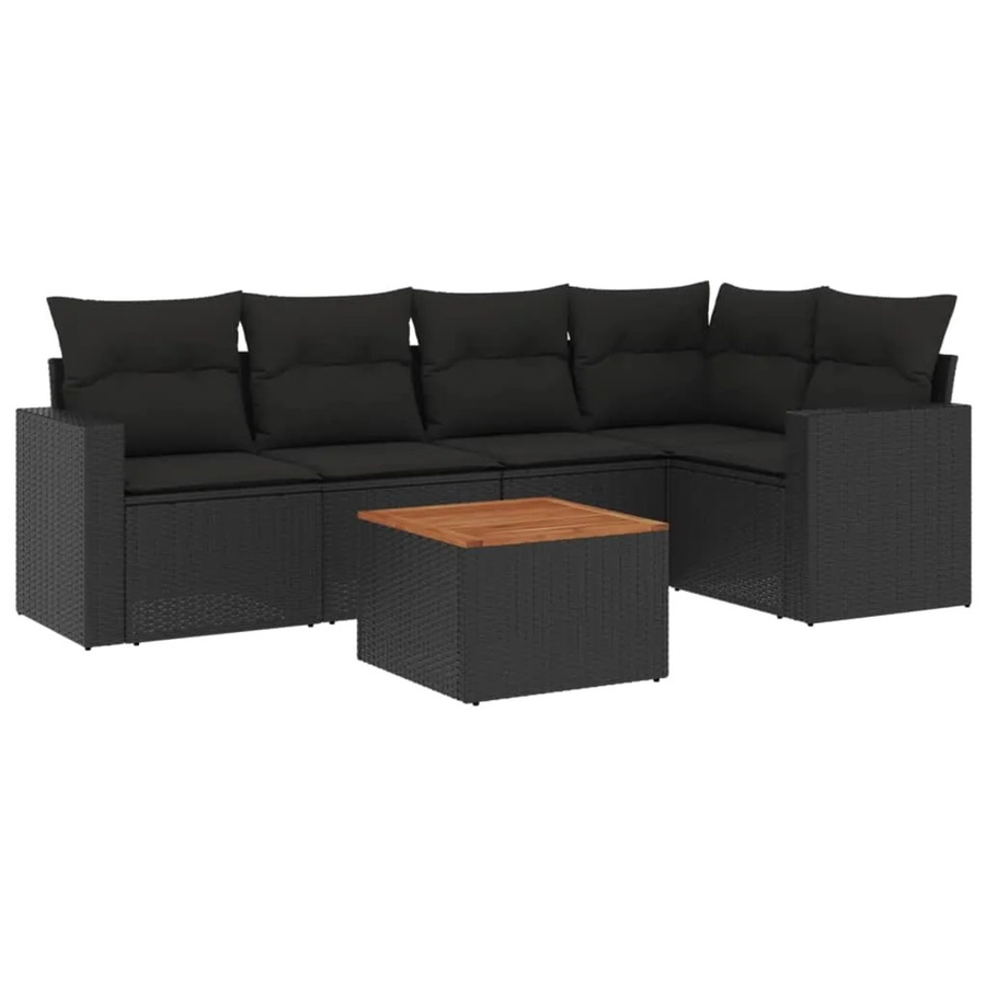 vidaXL 6-tlg Garten-Sofagarnitur aus Poly-Rattan und Akazienholz in Schwarz mit Kissen - Bild 2